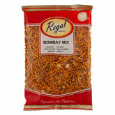 A 375g bag of Regal Bombay Mix Snacks with a red label, featuring manufacturing and best before dates on the front—a delicious choice for fans of classic Indian snacks.